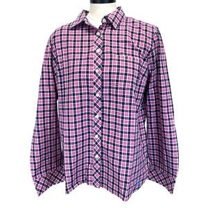 Talbots Womens Shirt Pink Plaid Size Large Roll Tab Long Sleeve Cotton Button Up